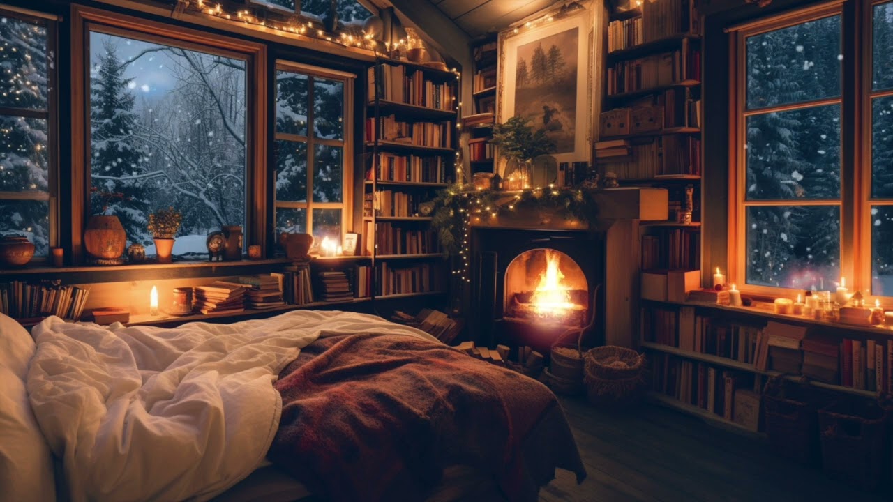 Ambiance relaxante pour se détendre ou s'endormir | Feu de cheminée, neige qui tombe, bruit du vent