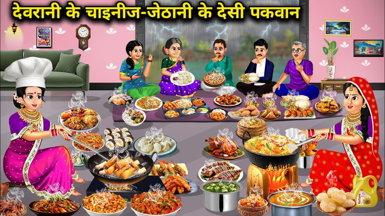 ससुराल की पहली बारिश में देवरानी के चाइनीस जेठानी के देसी पकवान|Hindi Cartoon Stories|Desi dishes fr