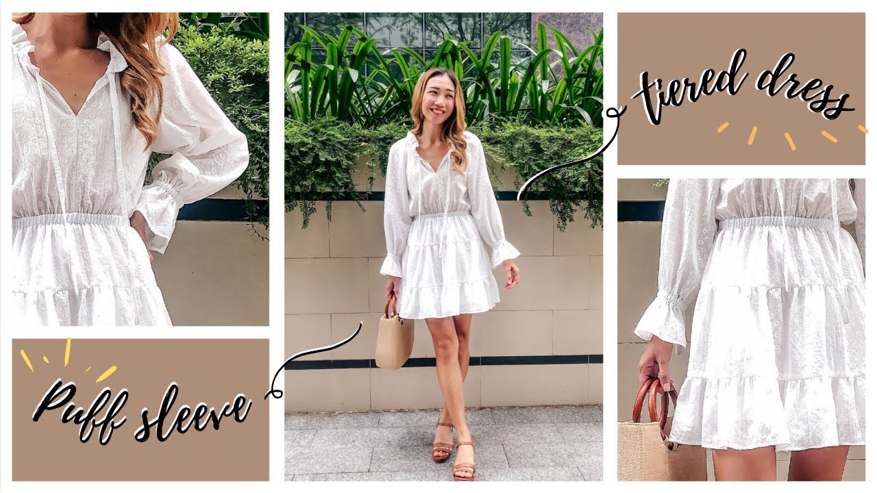 DIY Puff sleeve tiered dress with ruffle neck - Step by step sewing tutorial