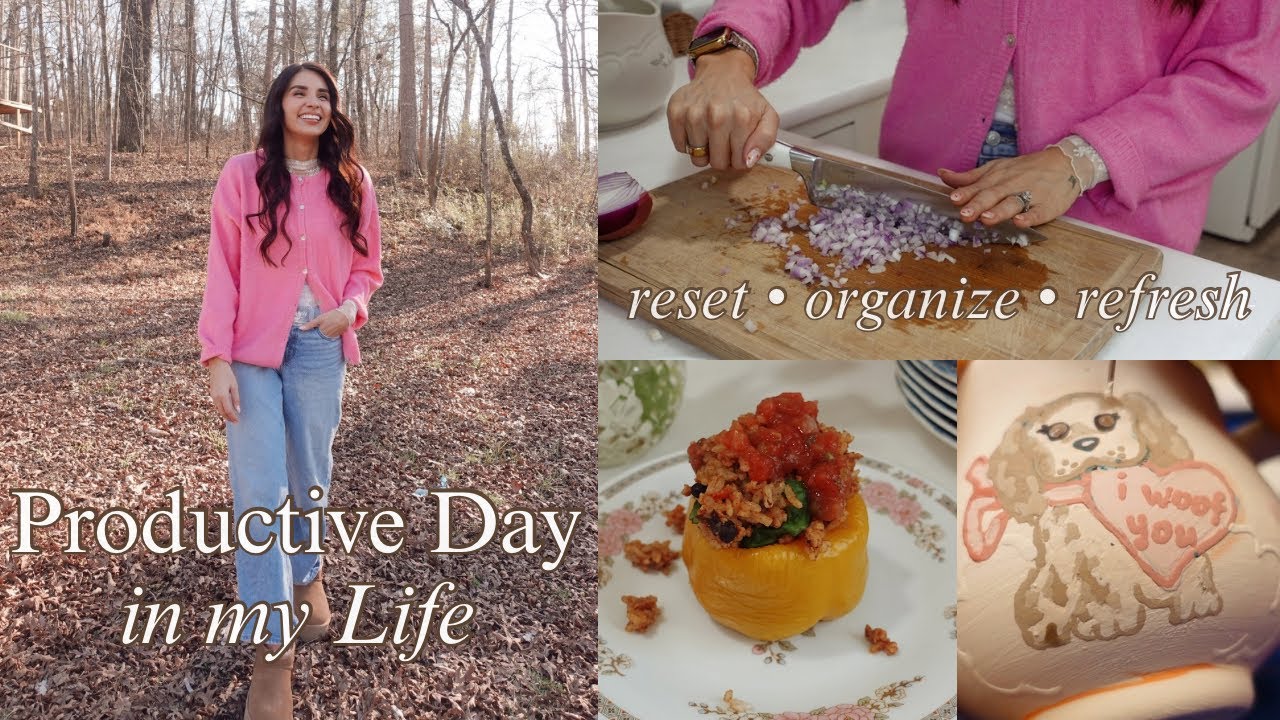 Productive Day in my Life | home organization, painting pottery, high protein recipes 🍅🫧🫑🎨