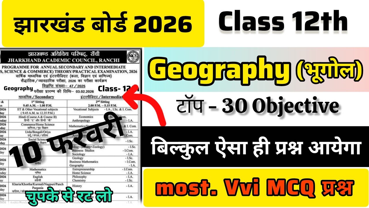 10 फरवरी Geography वायरल पेपर 2026 | Jac Board Class 12 Geography Vvi Objective || Jac Board Exam 