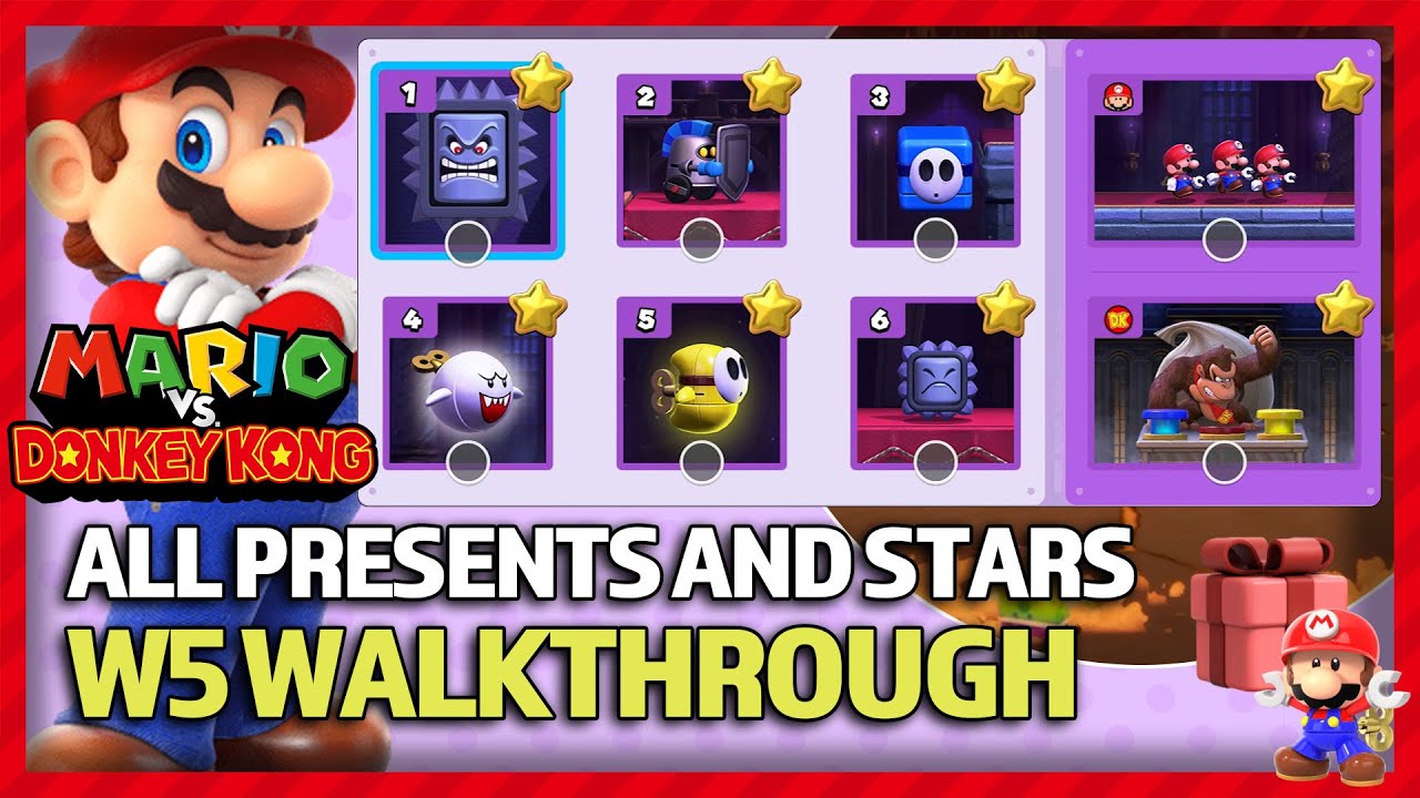 W5 Spooky House, All Presents, Stars & Mini-Marios ⭐ 100% walkthrough -  Mario vs. Donkey Kong