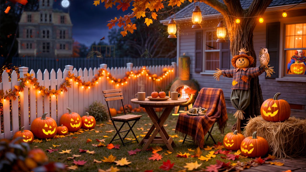 Cozy Halloween Backyard Ambience 🎃 | Crackling Fire & Crunchy Autumn Leaves Sounds for Relaxation