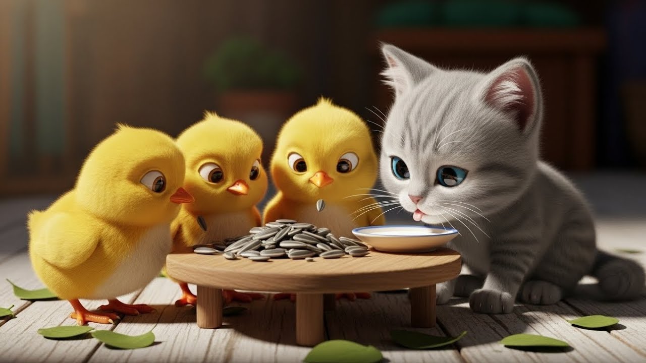Chickens and the little kitten adventure in buss 