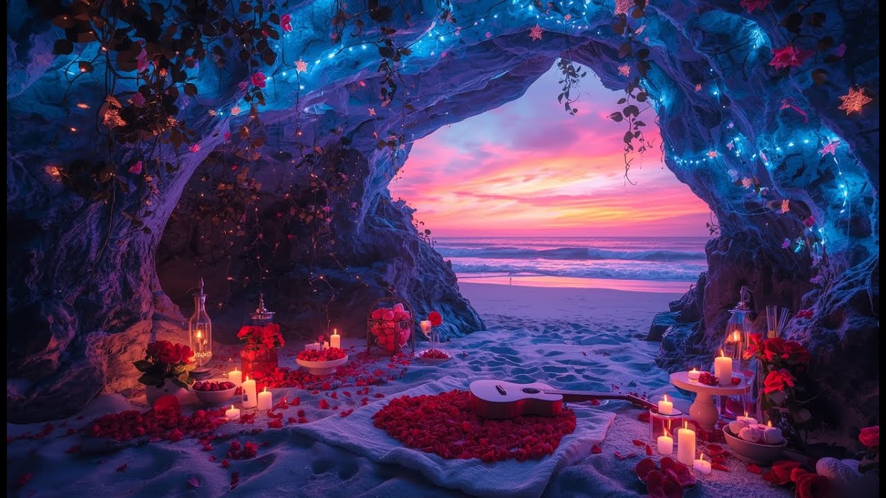 💗 Romantic Valentine Cave 🌊🌹 Cozy Beach Glow & Gentle Guitar Music ✨