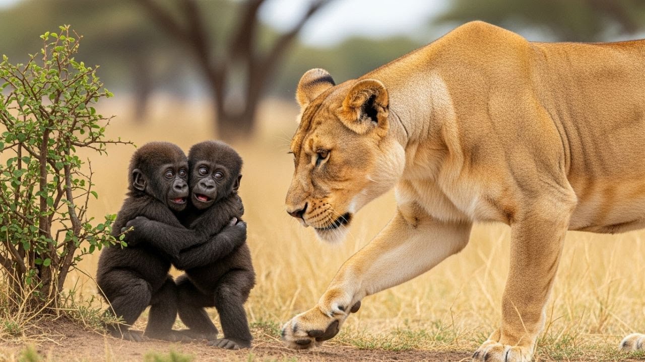 A Hungry Lioness Thought She Saved Two Baby Gorillas… What Happened Next Is Unthinkable