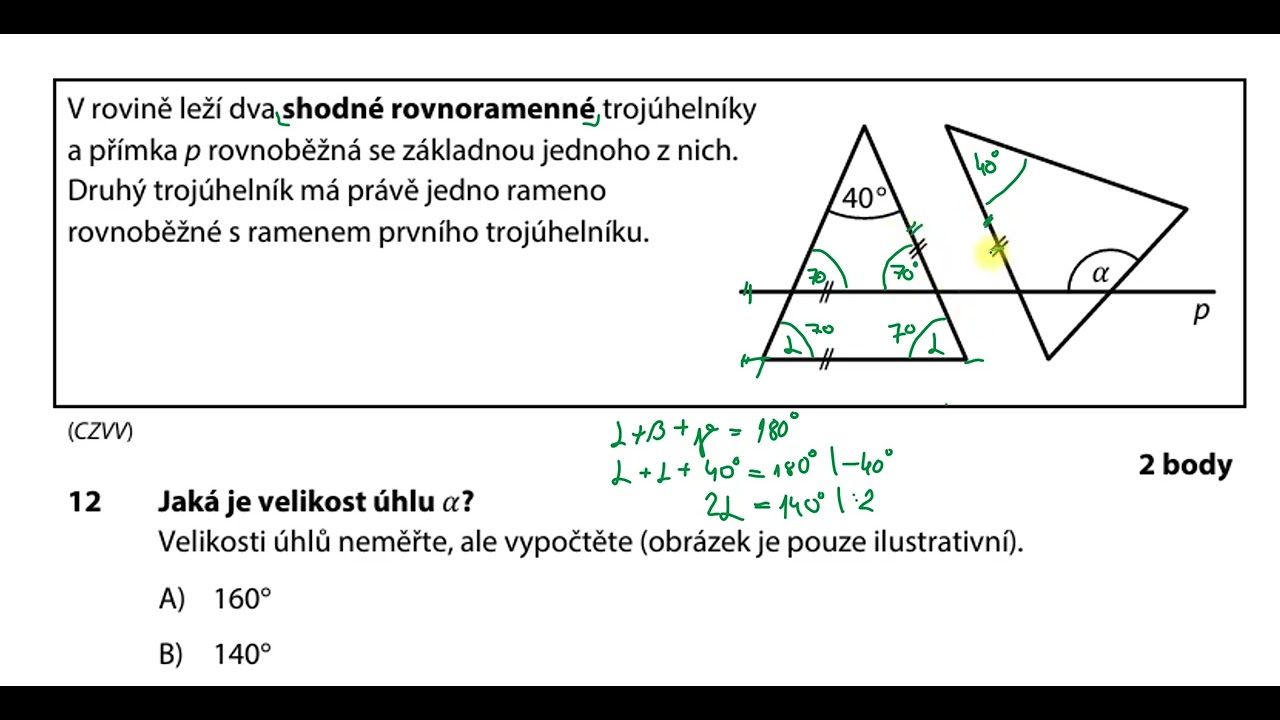 Řešený příklad - úhly v rovnoramenném trojúhelníku: přijímačky na střední školu