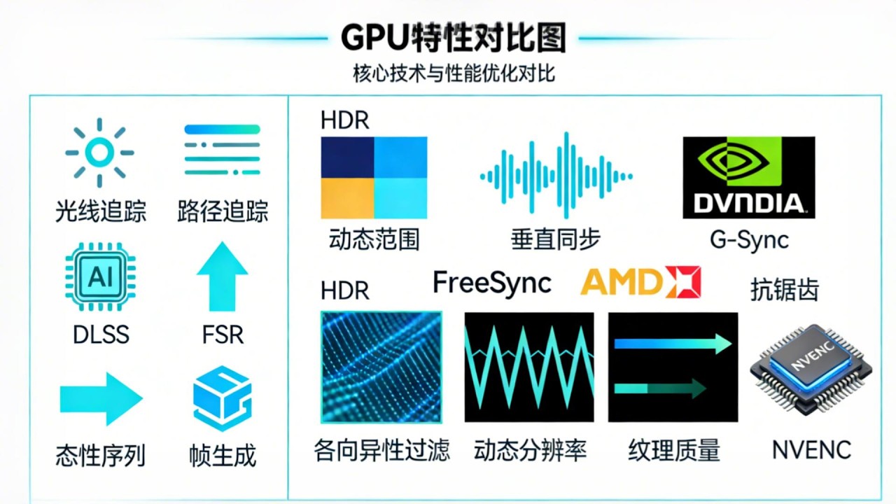 10分11秒带你了解GPU包括光线追踪、路径追踪、DLSS、FSR、帧生成、HDR、垂直同步、G-Sync、FreeSync、抗锯齿、各向异性过滤、动态分辨率、纹理质量，还有NVENC的每一项特性作用