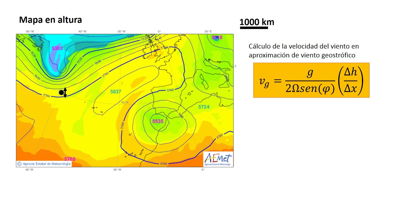 Mapa en altura - cálculo de la velocidad del viento geostrófico