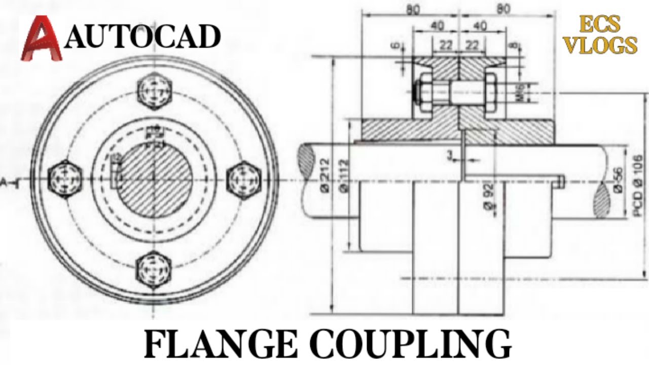 Flange coupling - EG using AutoCAD | Flange coupling assembly drawing step by step process
