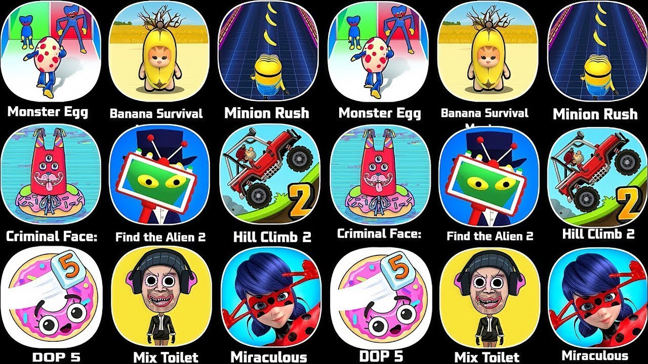 Huggy Story, Minecraft,DJ Music Run, Roblox,PAC-MAN,DOP, Tricky Puzzle, Save The Fish, Save Prisoner