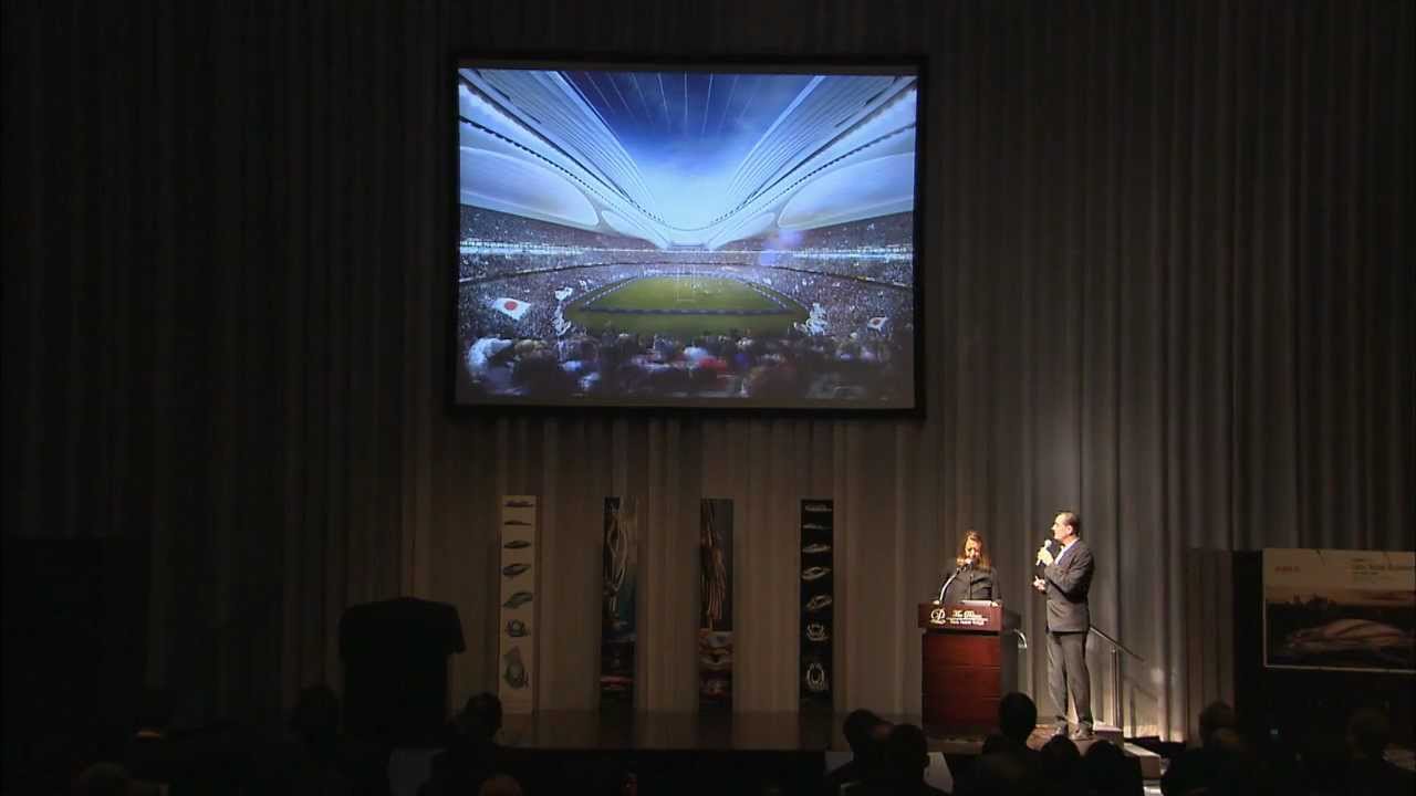 Zaha Hadid gives a presentation at the award ceremony for the international design competition