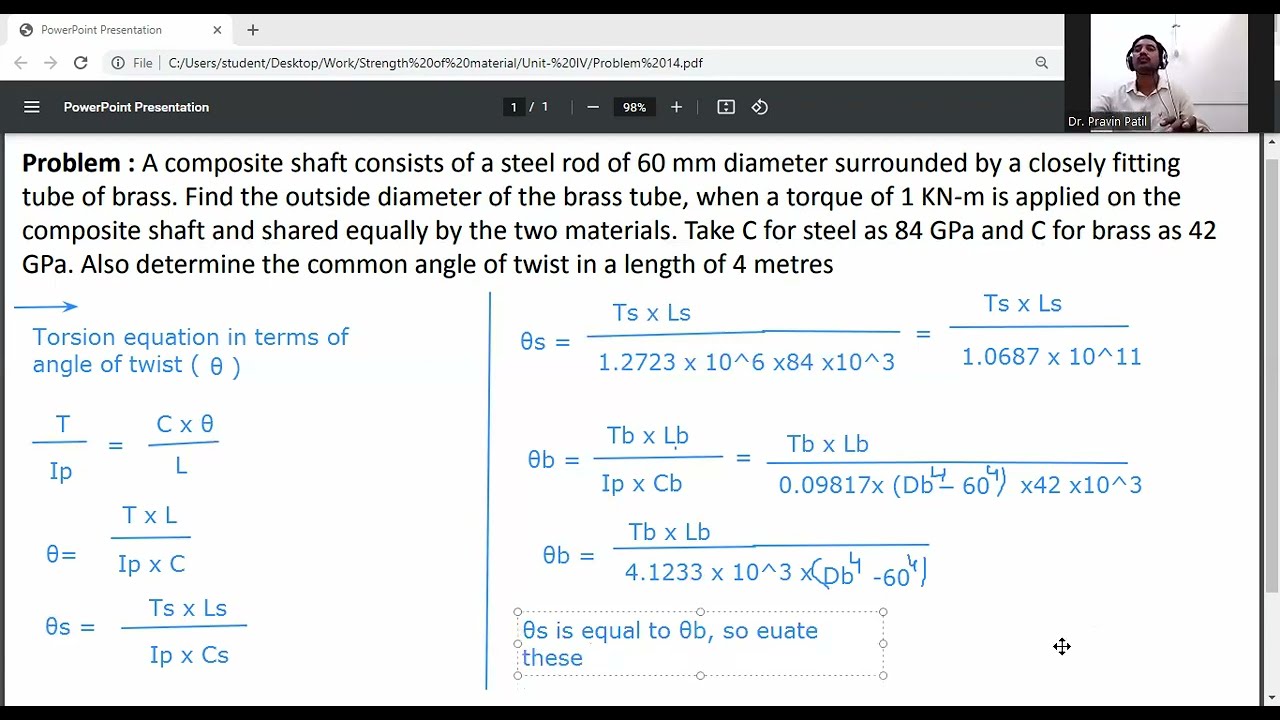 Problem on Torsion/Composite Shaft/ Determination of External diameter of Shaft and Angle of Twist