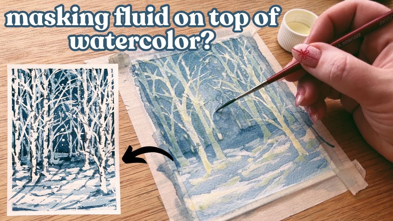 Using masking fluid on top of watercolor to paint these snowy aspen trees
