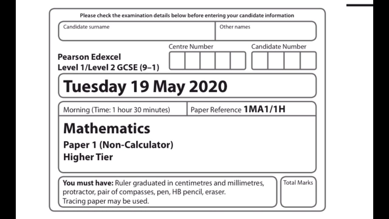 May 2020 GCSE Edexcel Mathematics Paper 1 Higher Tier (Non-Calculator) 1MA1/1H P62277RA