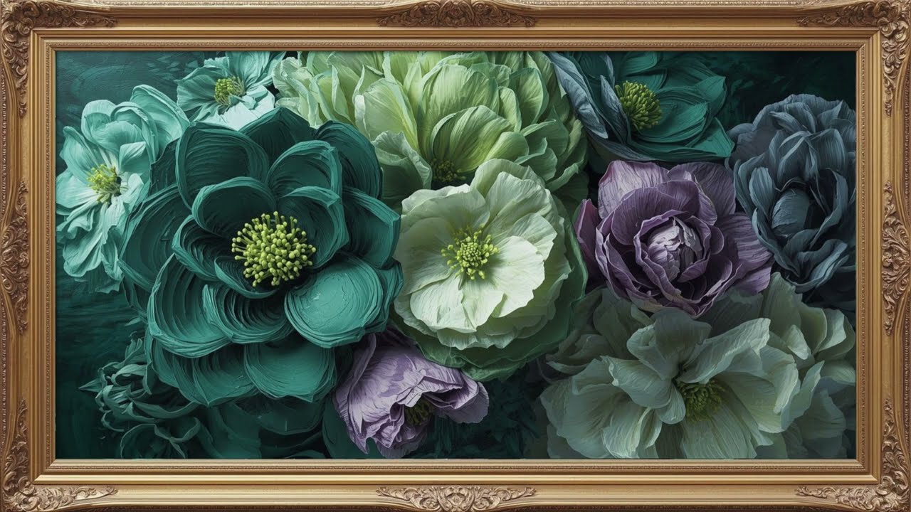 Teal Garden Blooms in a Gilded Frame | Vintage Botanical Artwork in Soft Lavender & Ivory