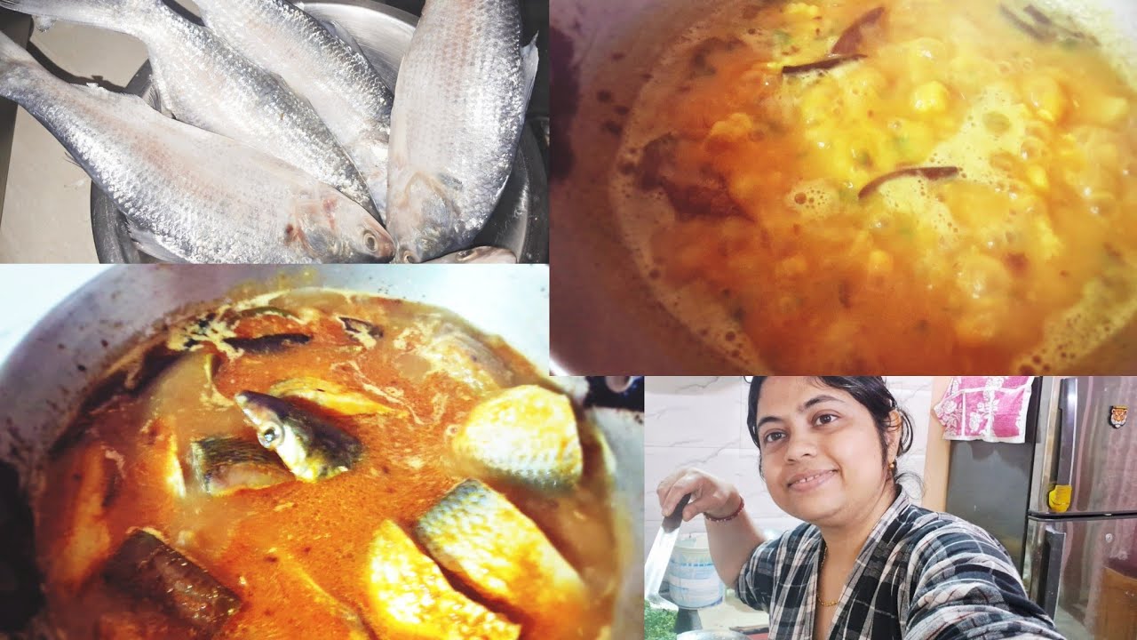 নতুন আলু আর বেগুন দিয়ে কাঁচা ইলিশ.. ইলিশ ভাজা, আলু ফুলকপিতে ছোলার ডাল..... Ilish recipe,new recipe