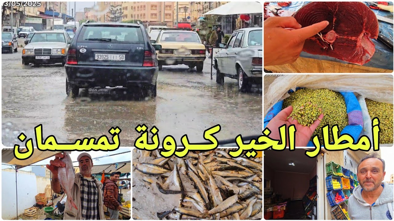 🚨تحت أمطار الخير 🌧أجواء مميزة وفرحة التجار  بالسوق اليومي كرونة تمسمان والخيرات تبارك الله موجودة 🤲
