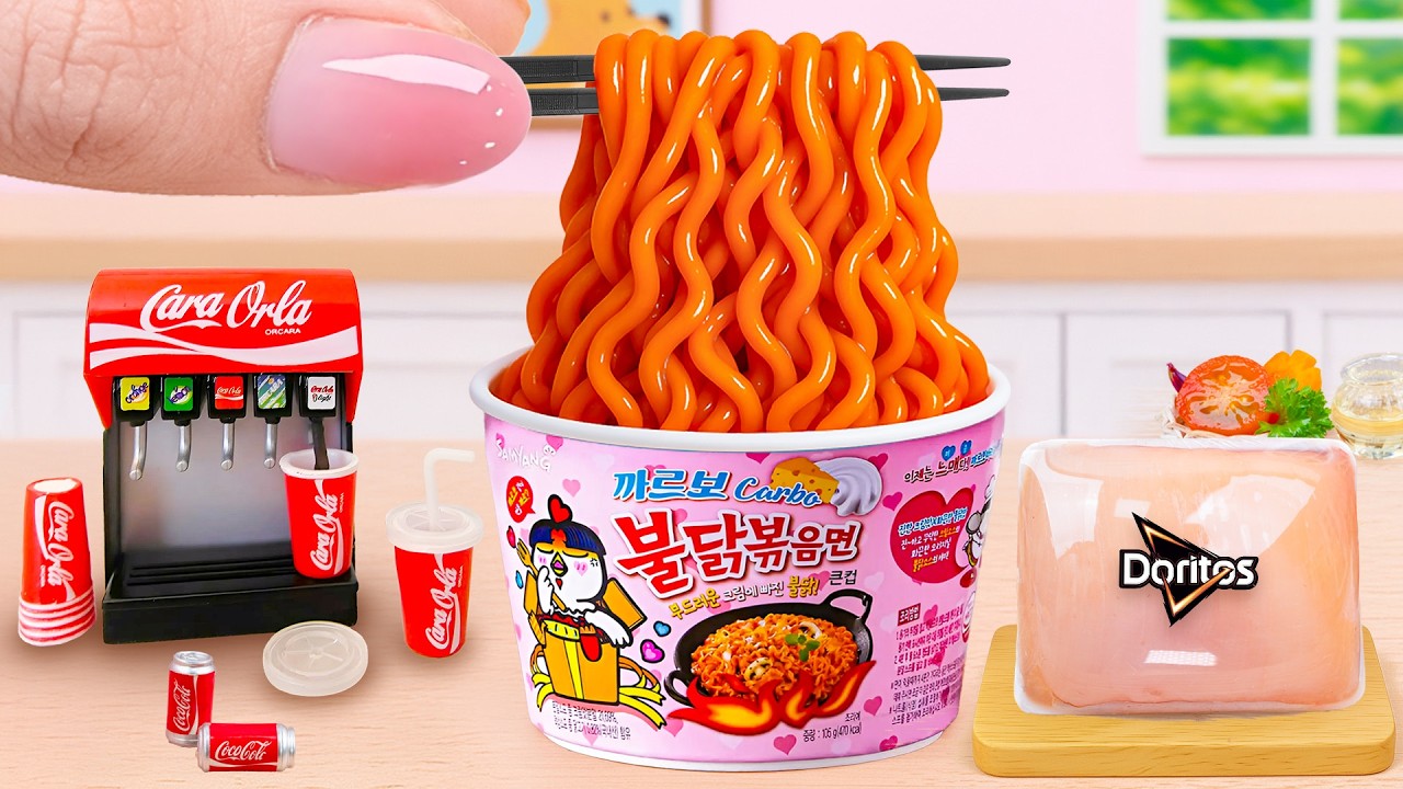 Как приготовить миниатюрную розовую острую лапшу с хрустящими куриными рулетиками в беконе от Тон...