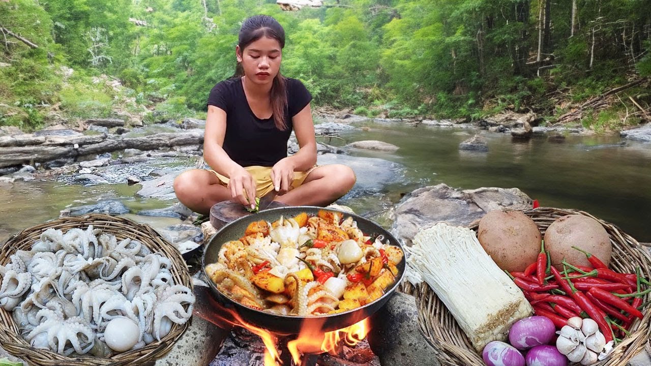 Cooking octopus curry with mushroom potato for dinner