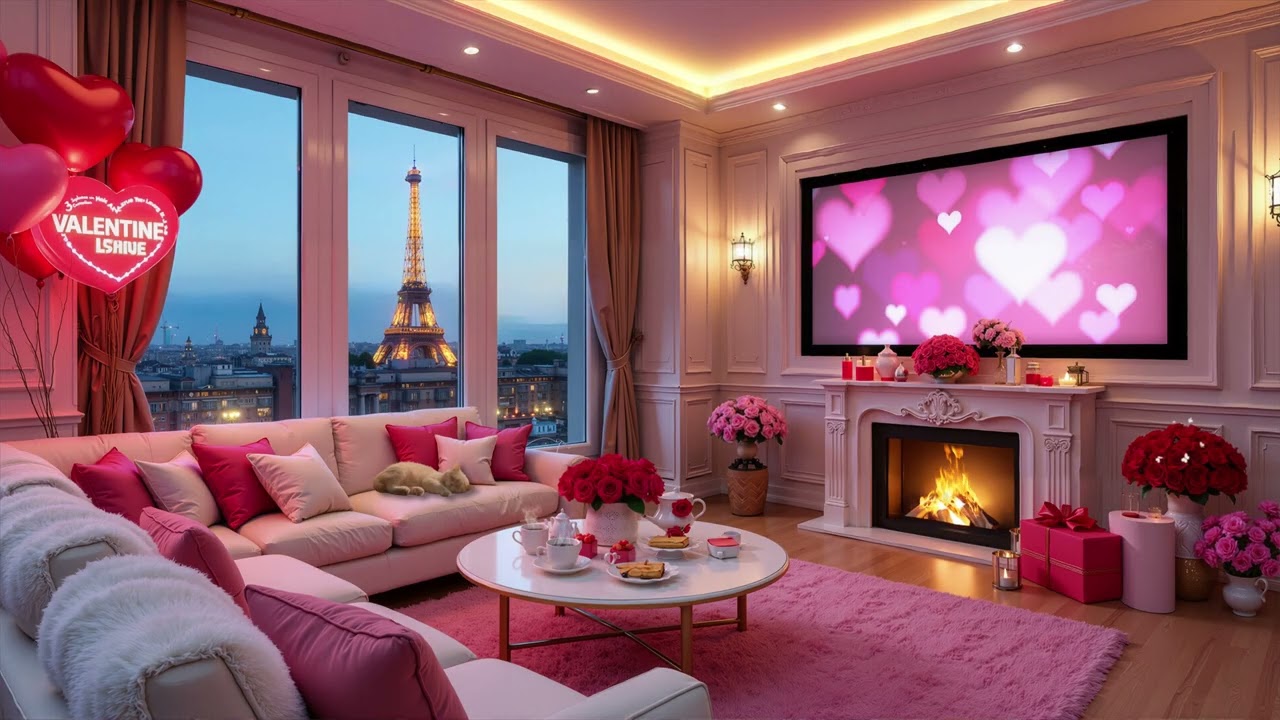 Valentine’s Day in a Dreamy Pink Cozy Room Ambience 💖 Soft Piano & Cozy Fireplace for Relaxation