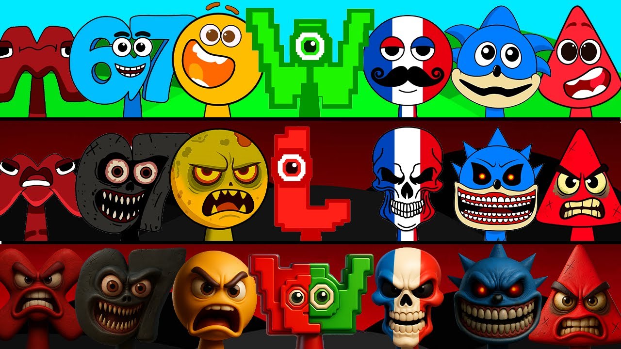 Incredibox Sprunki OC Phase 1 to Phase 3 M (Alphabet Lore), France, Shin Sonic, Red, OC 67, Among Us