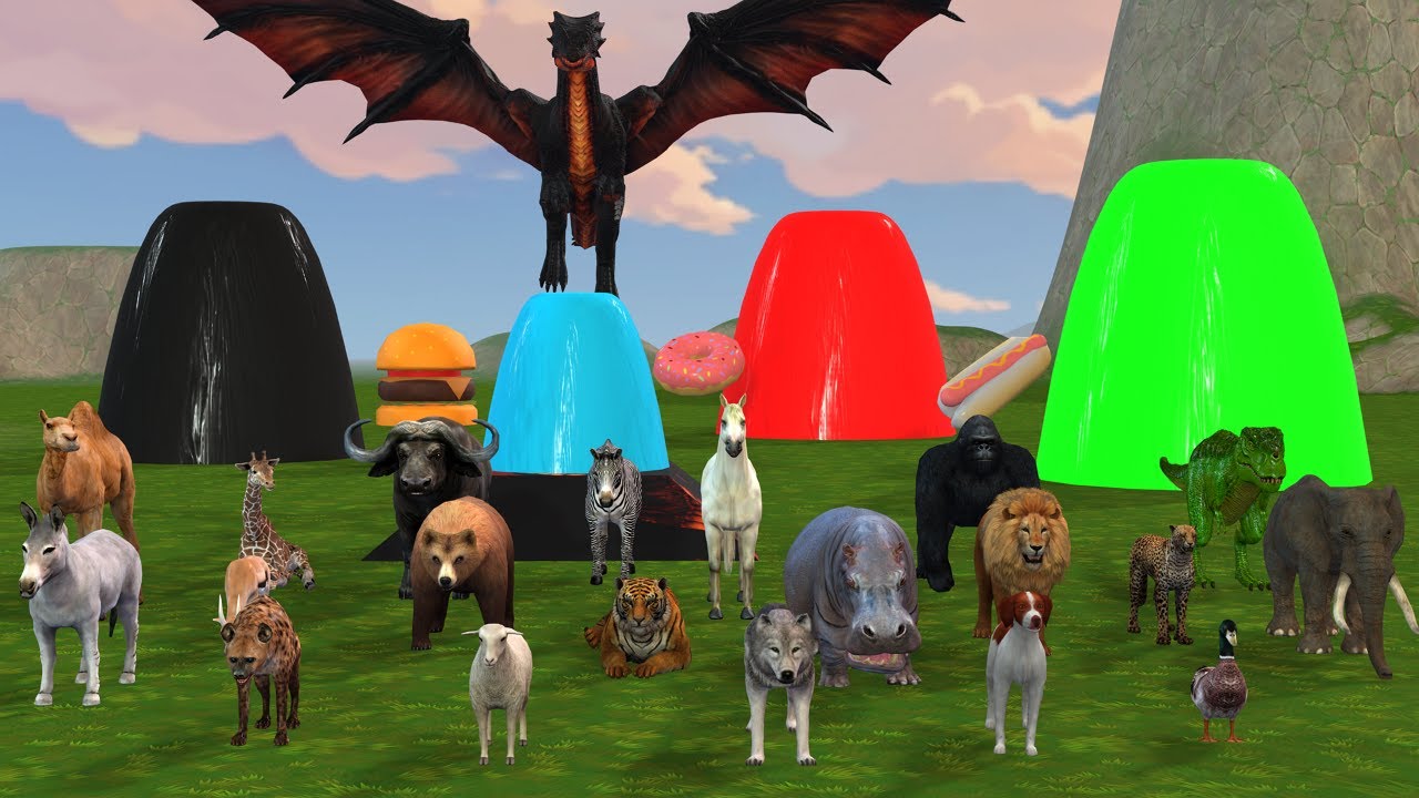 Lion Tiger T-Rex Elephant Gorilla and other Wild Animals Crossing the Fountain and Escaping