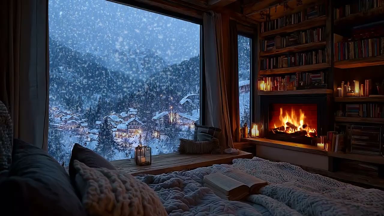 Insomnia Relief in a Cozy Winter Cabin ❄️ Fireplace Crackle & Snowfall Sounds for Deep Sleep
