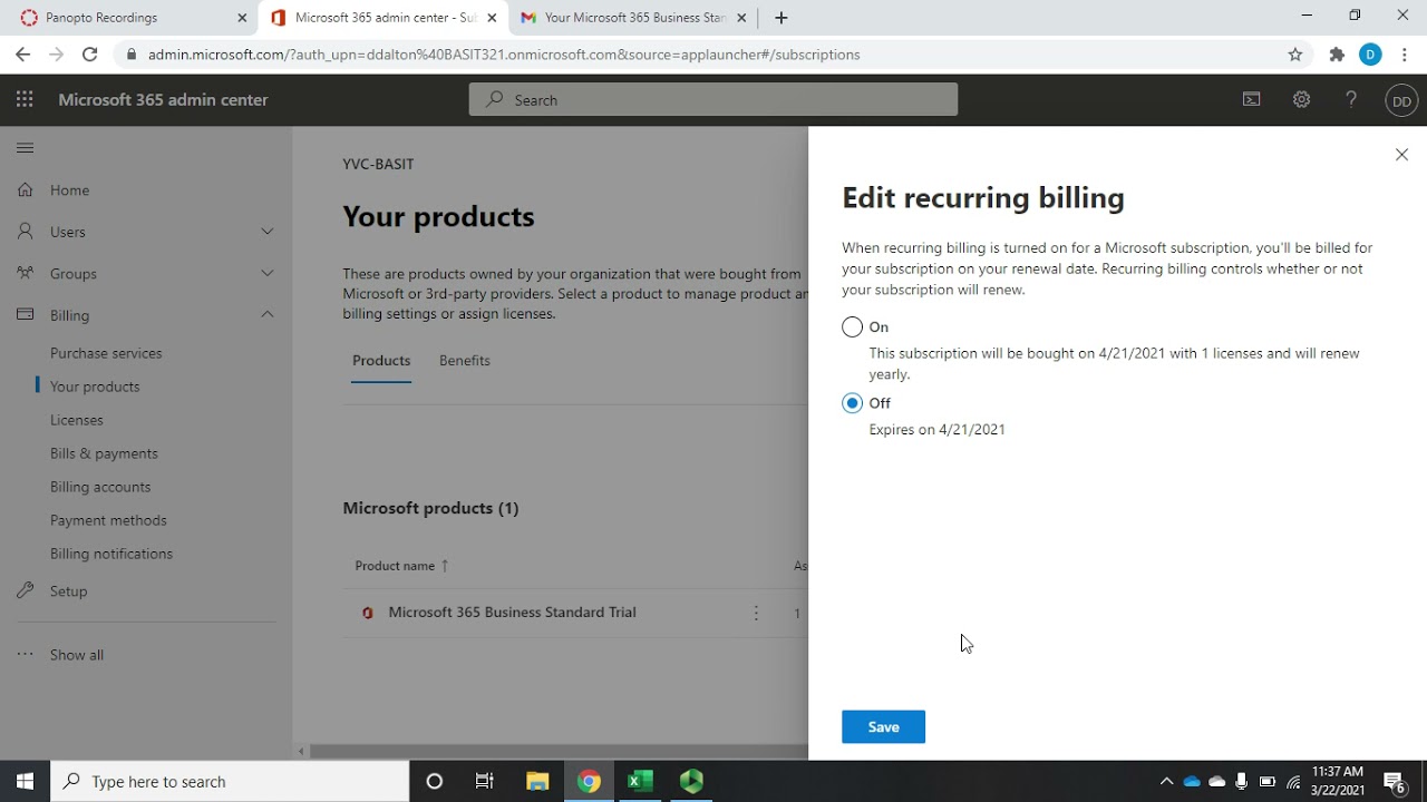 Turning off recurring billing for Office 365