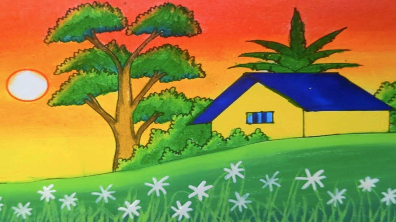 How to Draw a Beautiful Village Scenery Drawing | Sunset Landscape with House and Trees