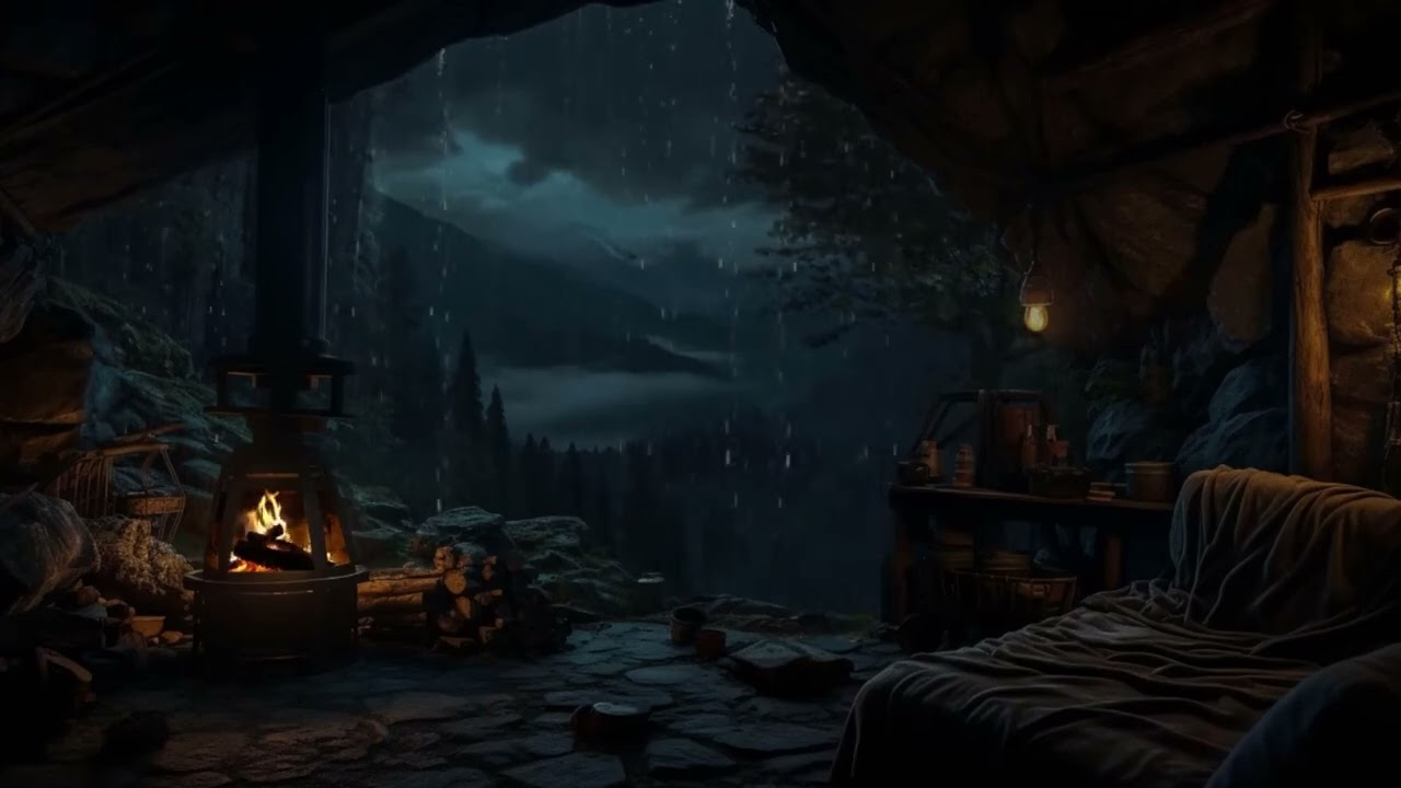 99% Sleep Success ⛈️ Deep Mountain Storm & Warm Fireplace in a Stone Cave Sanctuary ✨
