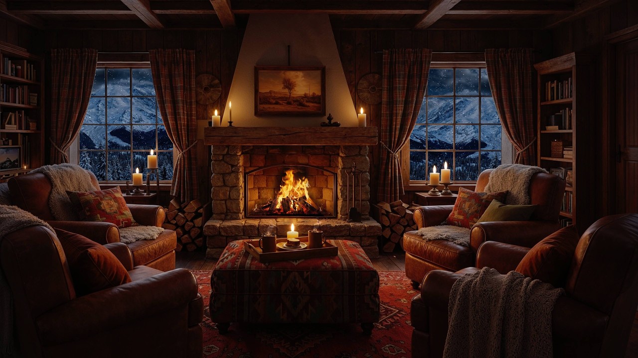 Cozy Winter Night in a Snow Cabin | Crackling Fireplace & Snowfall ASMR