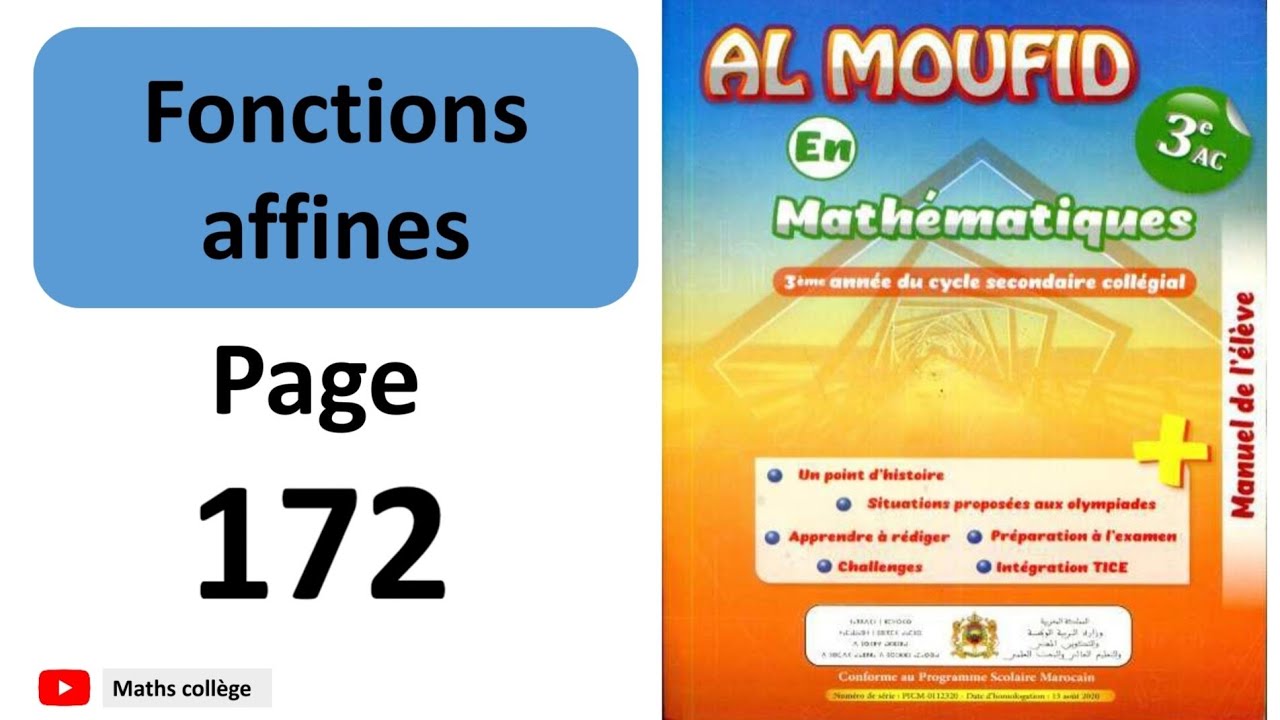 Al moufid en mathématiques 3ac page 172 fonctions affines 3ème année collège | maths collège