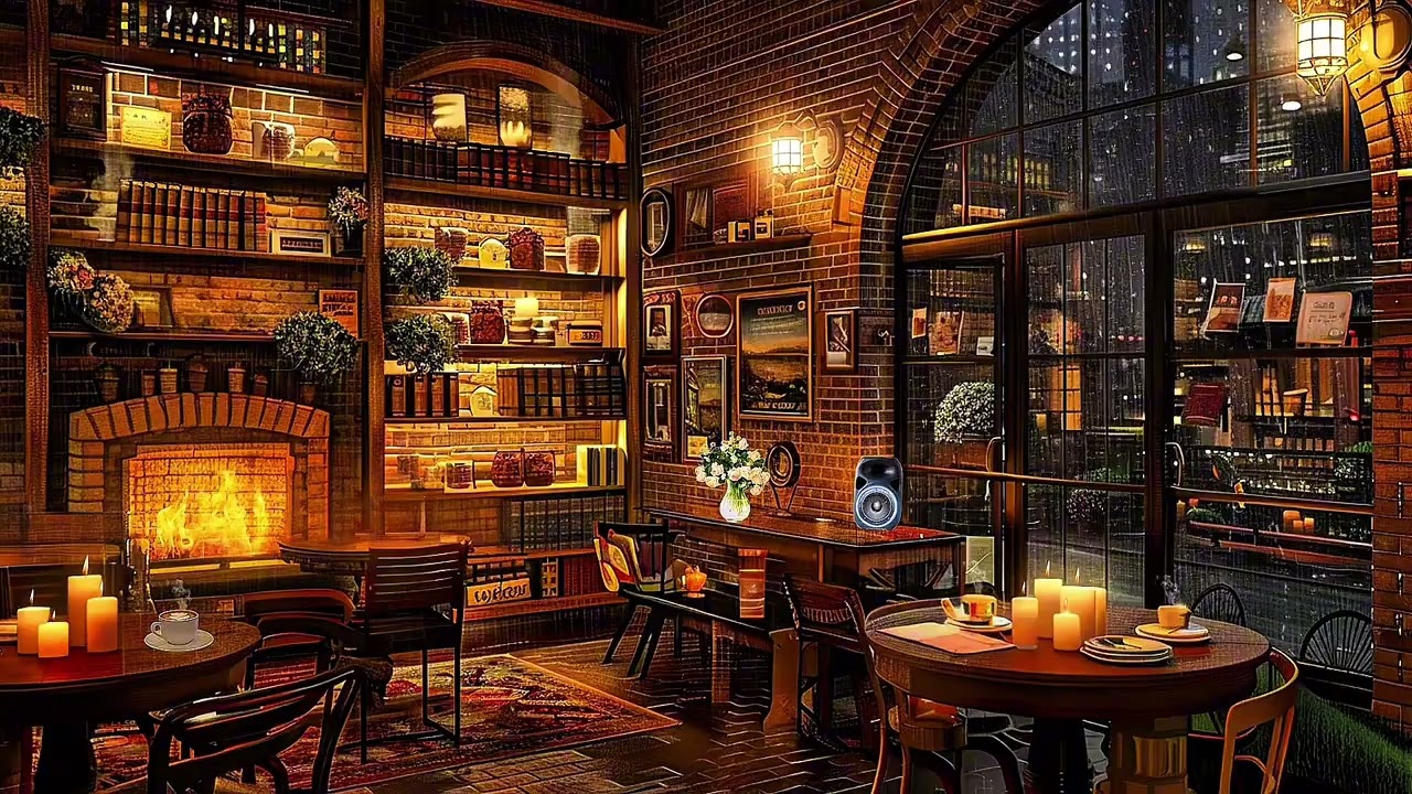 Rainy Coffee Shop Ambience 🌧️ Thunderstorm, Lightning & Crackling Fireplace 🔥| Sleep, Study, Relax