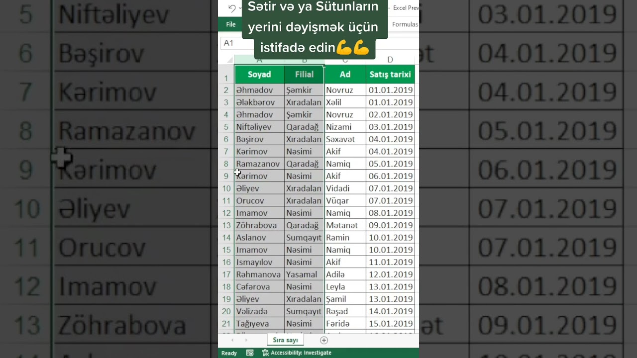 Move rows and columns in #excel - Exceldə sətir və s&uuml;t&uuml;nların yerini dəyiş