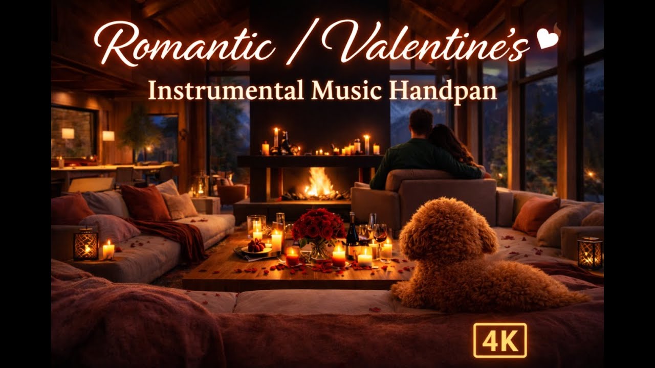 Romantic / Valentine Instrumental Music 🌹 Handpan • Love Frequency 528Hz • Cozy Cabin Fireplace • 4K