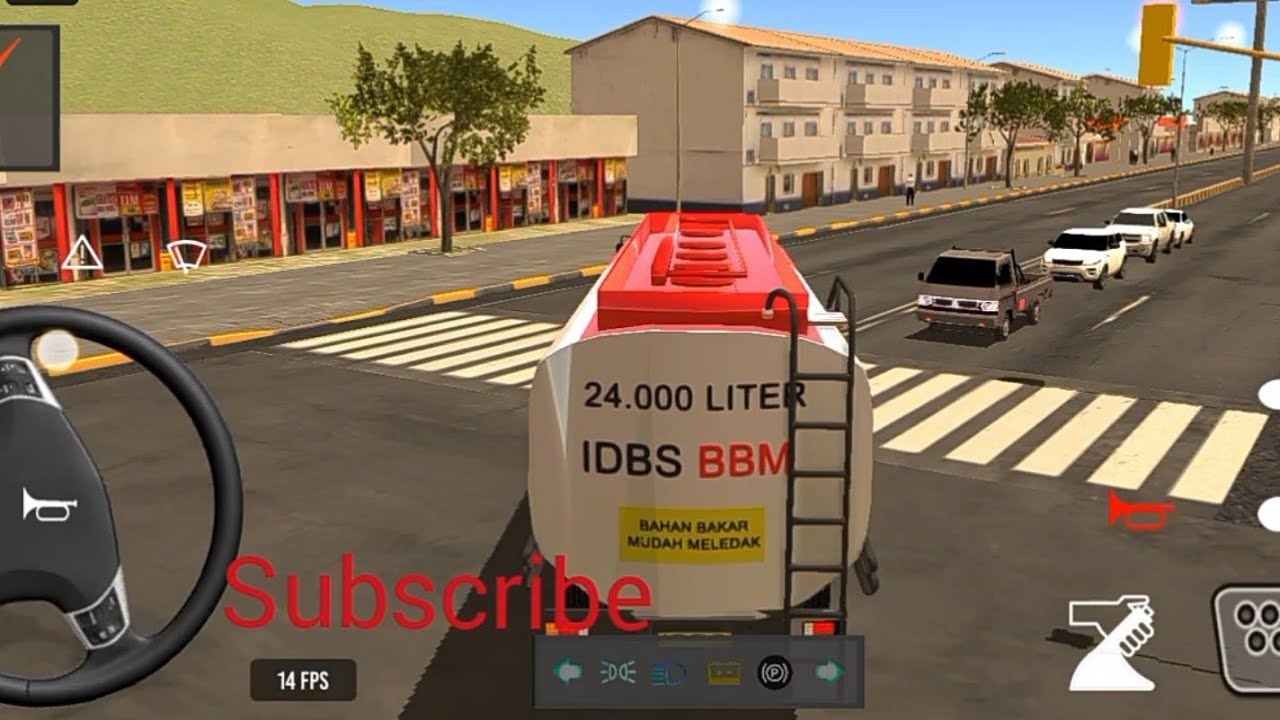 Truk simulator truk Cargo IDBS pembawa kontainer meluncur kencang melewati jalan raya yang mulus