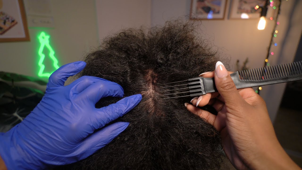 ASMR | Relaxing Scalp Treatment on Dry Afro Hair |  🔎 Tingly Scalp Check, Scratching + Trim