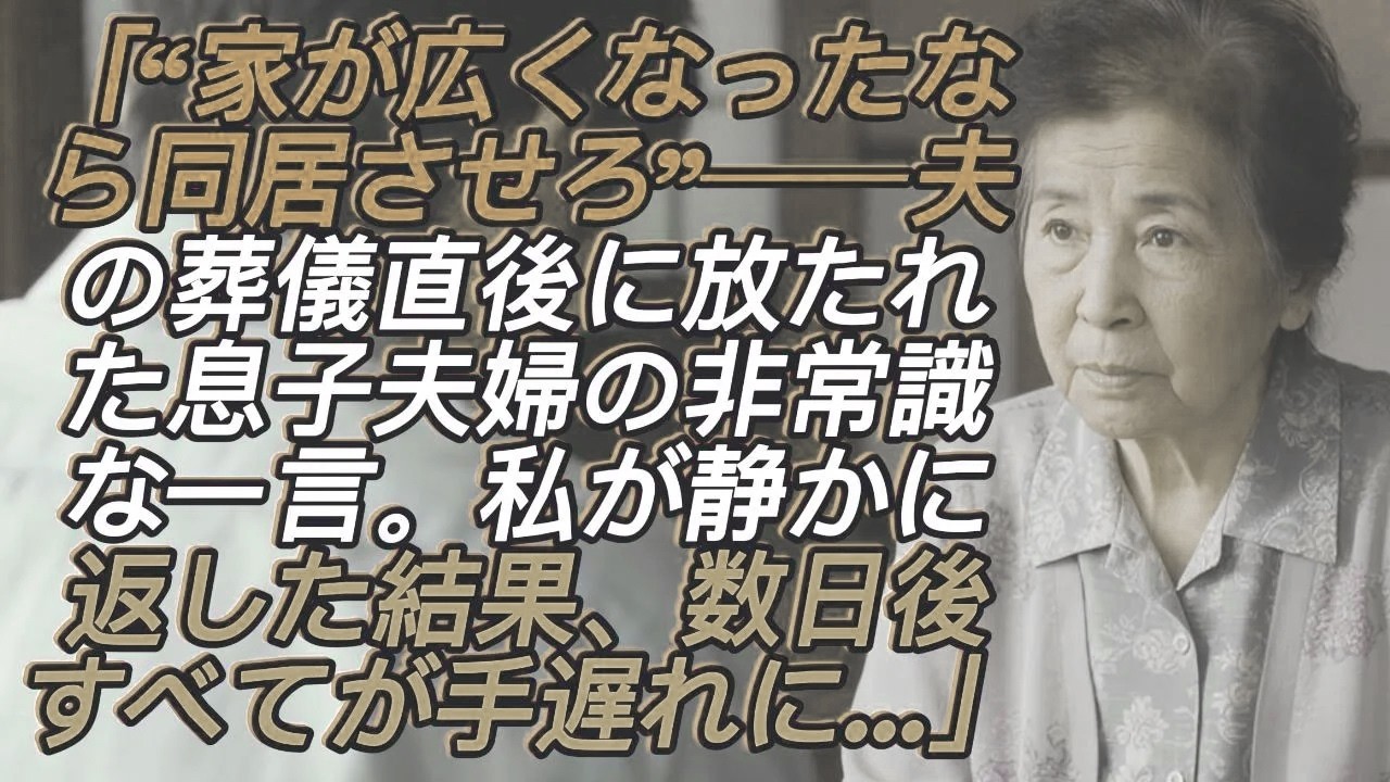 「“家が広くなったなら同居させろ”──夫の葬式直後に息子夫婦が放った非常識な一言に、私が応えた結果、数日後には全てが手遅れに…」