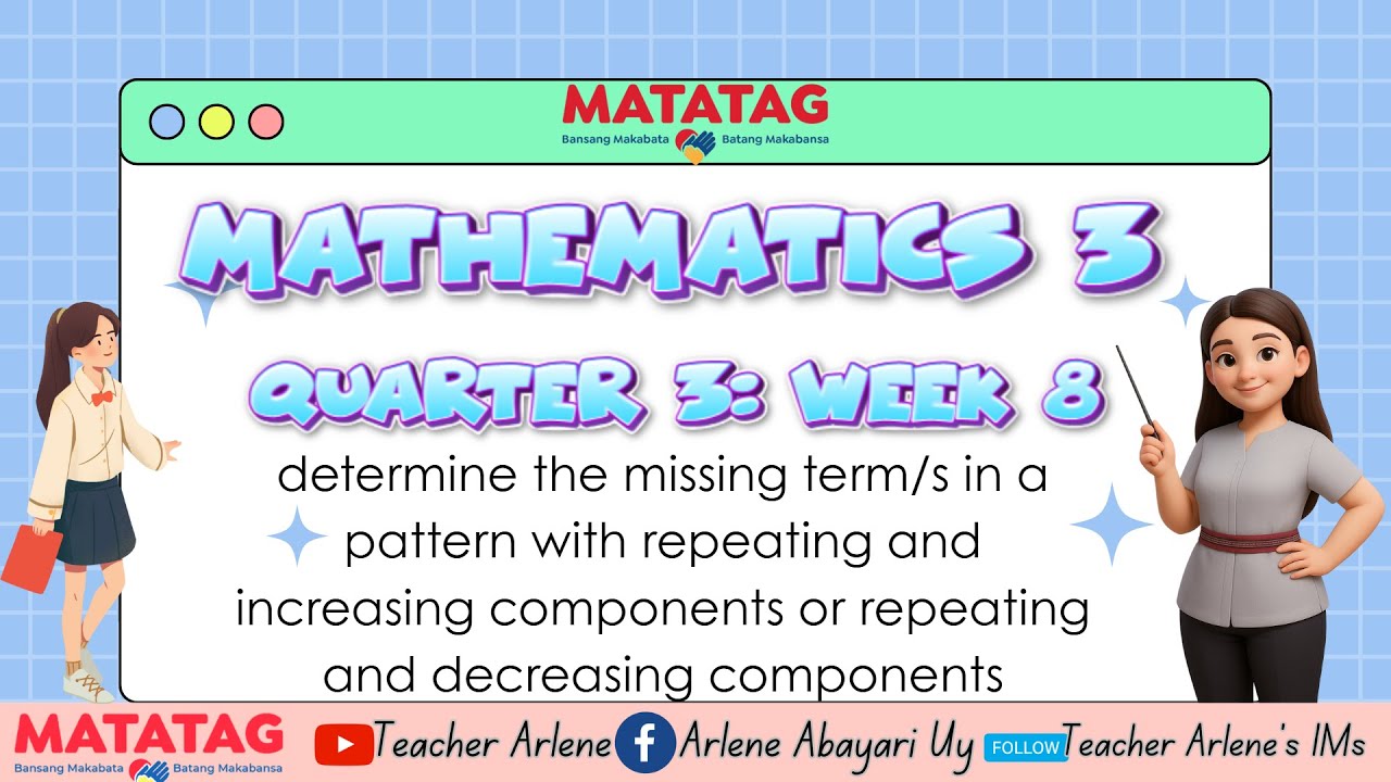 Mathematics 3  Week 8 Quarter 3 determine the missing terms in a pattern with repeating increasing
