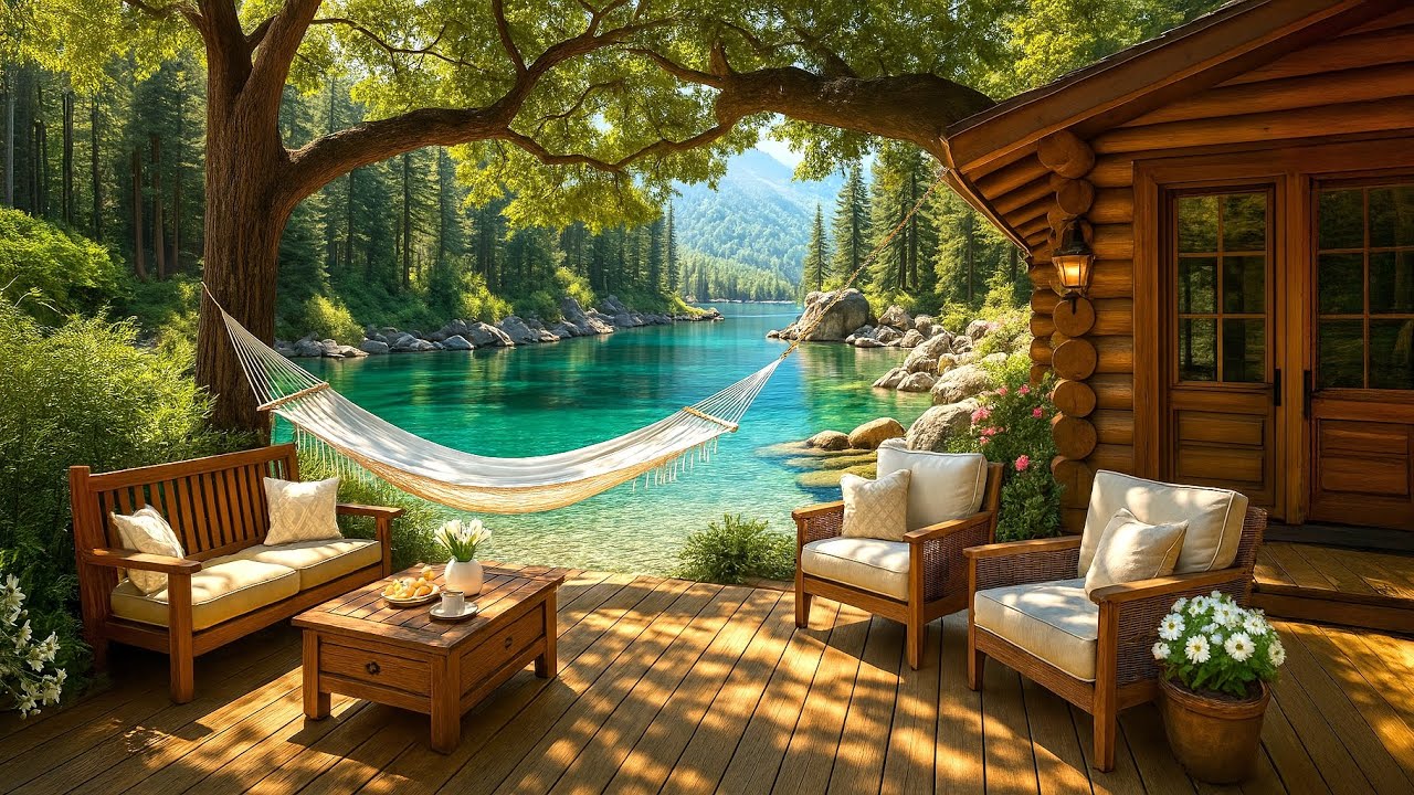 Relax in a Hammock by a Cozy Forest Cabin | Birds & Calm Water Sounds | Peaceful Nature Ambience