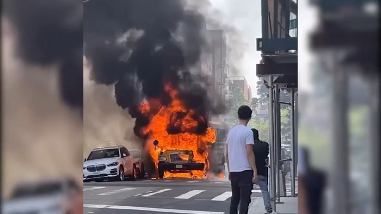 School bus, cars destroyed by fire in Queens