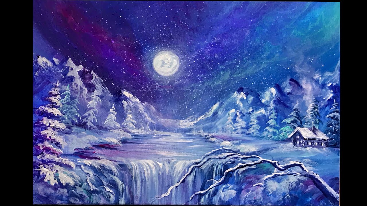 Winter Painting | Acrylic Step By Step | Snowy landscape At Night