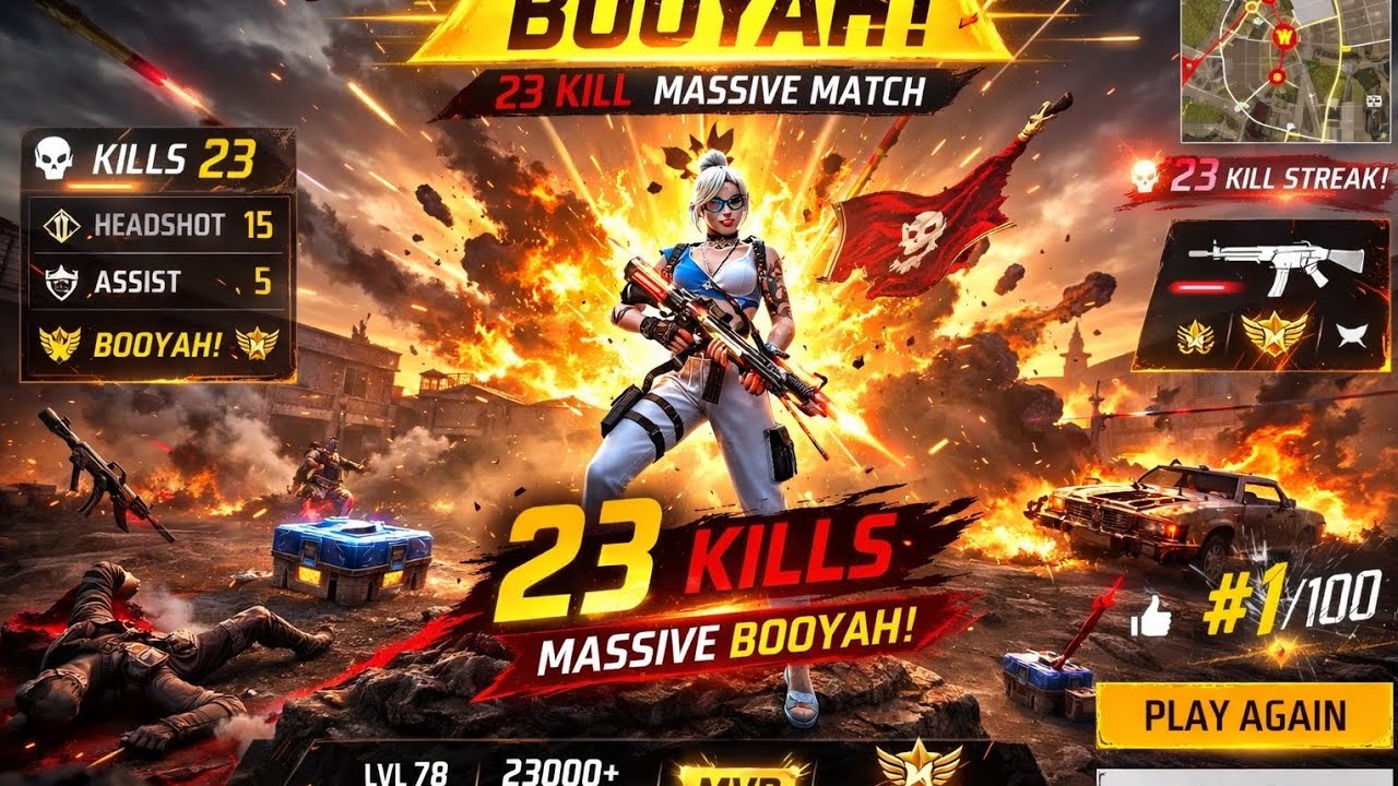 23 KILLS 😱 Massive Booyah Match | 1v4 Clutch Gameplay #freefire #impossible 