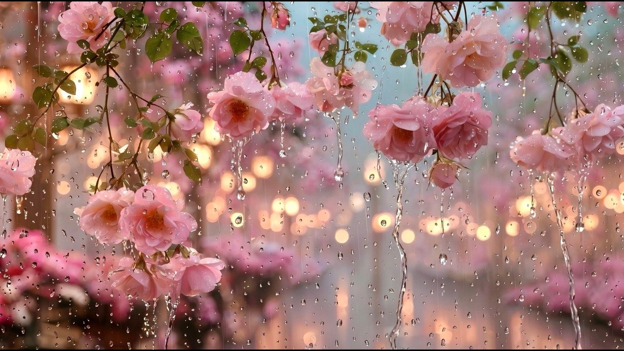 Pink Roses Among Glowing Garden Lights 🌸 3 Hours of Peaceful Night Rain
