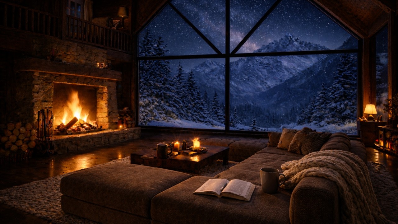 Cozy Winter Cabin Night with Fireplace, Soft Jazz & Starry Mountain View (4K)