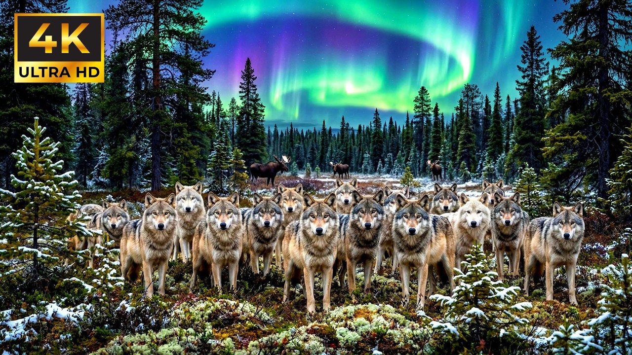 Relaxing Walk In The Taiga: Ancient Pines - Gray Wolves, Moose & The Northern Lights (4K HDR)