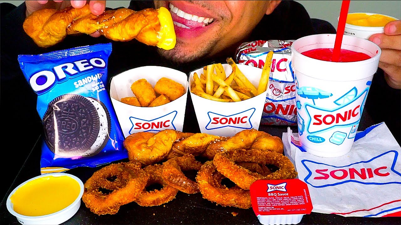 asmr sonic drive in oreo ice cream sandwich cheeseburger tots onion rings pretzel cheese sauce fries