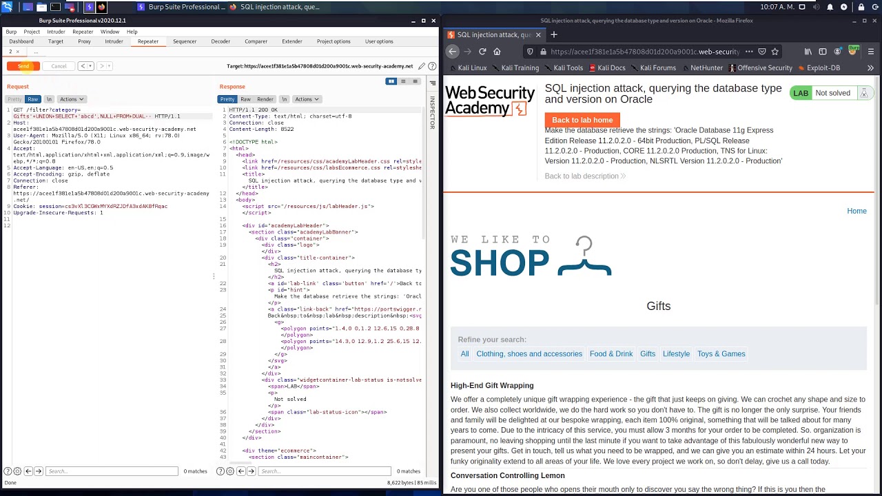Атака с использованием SQL-инъекции, запрос типа и версии базы данных в Oracle (Видеорешение, Аудио)