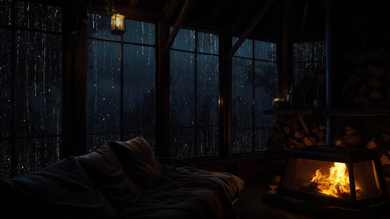 Wooden Cabin Forest with Relaxing Rainy Night and Crackling Fireplace to Deep Sleep
